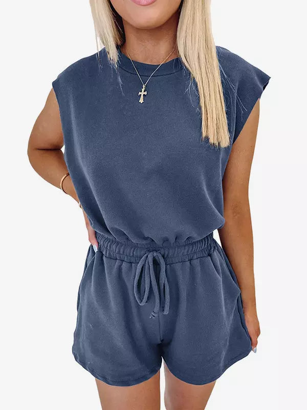 Casual Jewel Neck Open Shoulder Short Sleeve Backless Drawstring Jumpsuits & Romper Mssza