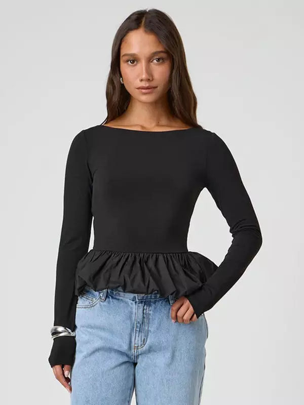 Casual Jewel Ruffled Long Sleeve Party Dating Crop Top Mssza
