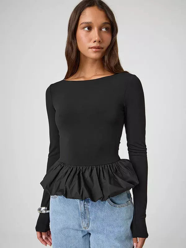 Casual Jewel Ruffled Long Sleeve Party Dating Crop Top Mssza