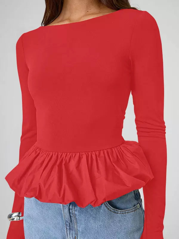 Casual Jewel Ruffled Long Sleeve Party Dating Crop Top Mssza