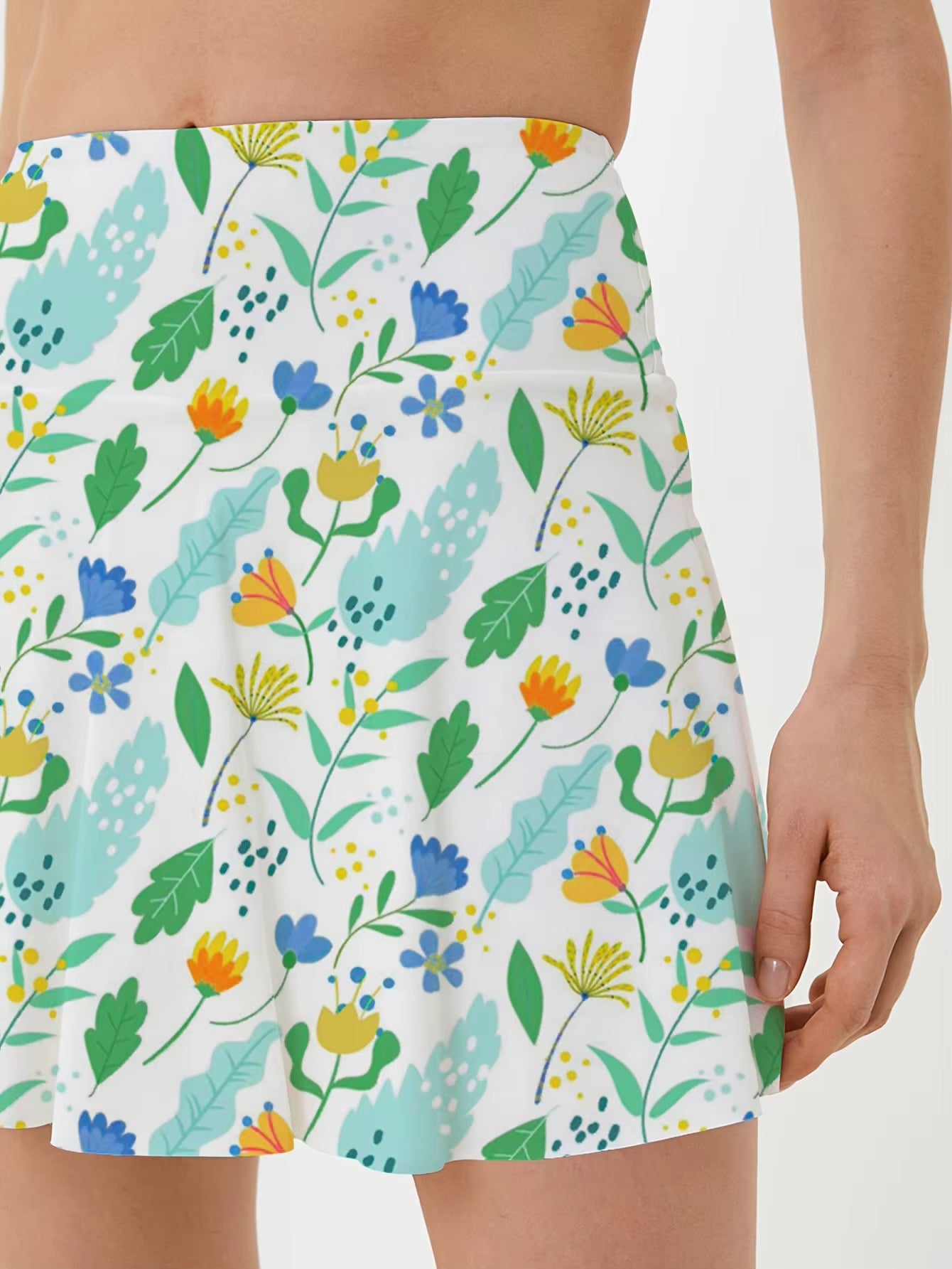 Casual Knit Floral Print With Pocket Detail Shorts Elastic Waist Mini Skirt Mssza