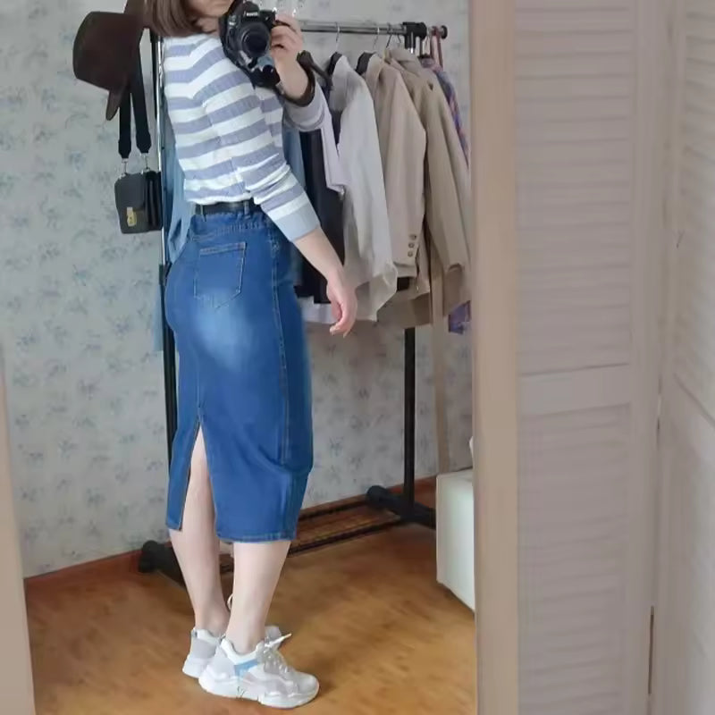 Casual Knit High Waist Mid-Calf Medium Stretch Pencil Skirt Mssza