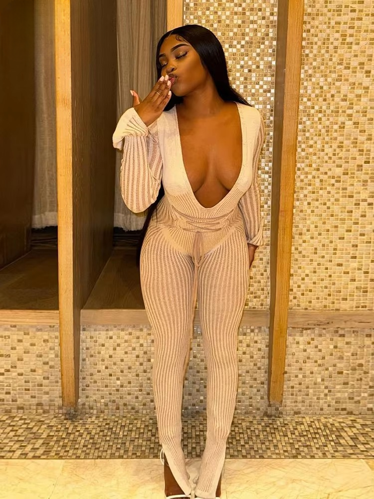 Casual Knit Stripe V-Neck Slim Fit Ankle-Length High Street Sweater Jumpsuits Mssza