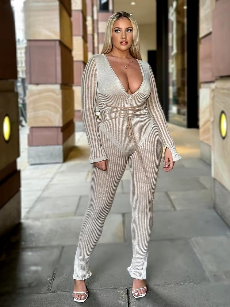 Casual Knit Stripe V-Neck Slim Fit Ankle-Length High Street Sweater Jumpsuits Mssza