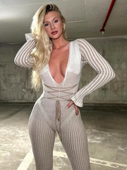 Casual Knit Stripe V-Neck Slim Fit Ankle-Length High Street Sweater Jumpsuits Mssza
