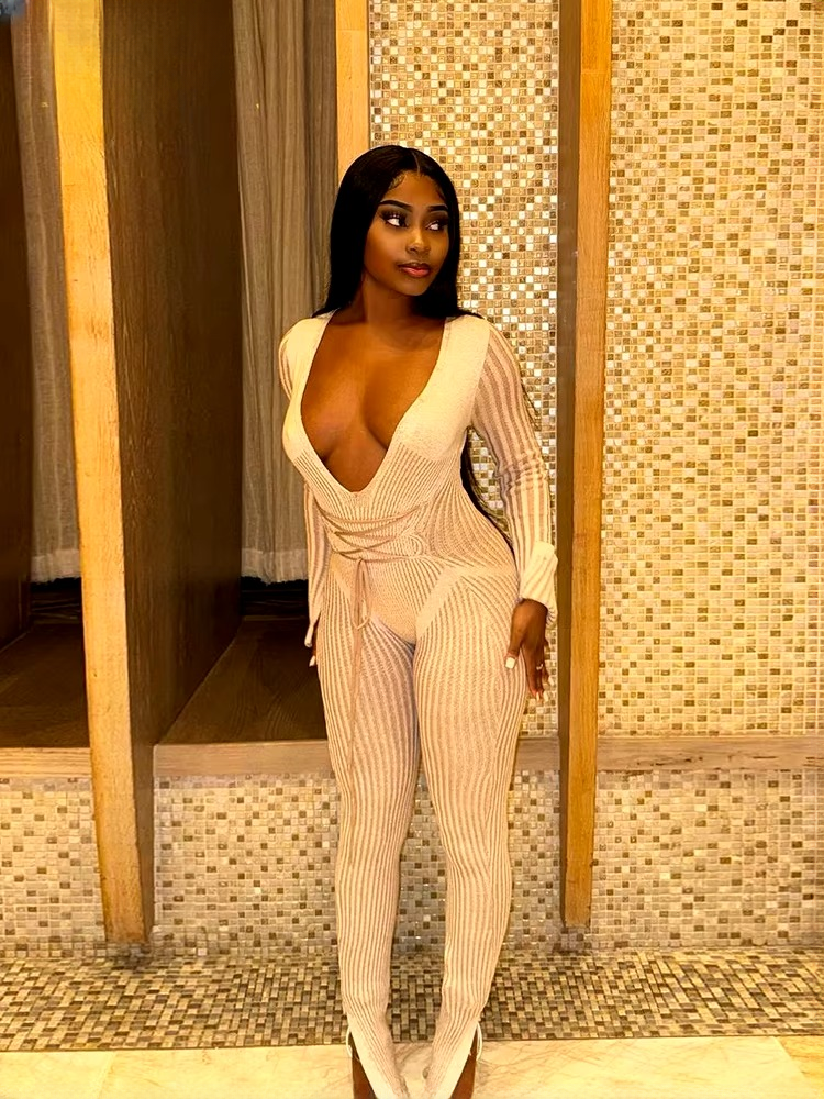 Casual Knit Stripe V-Neck Slim Fit Ankle-Length High Street Sweater Jumpsuits Mssza