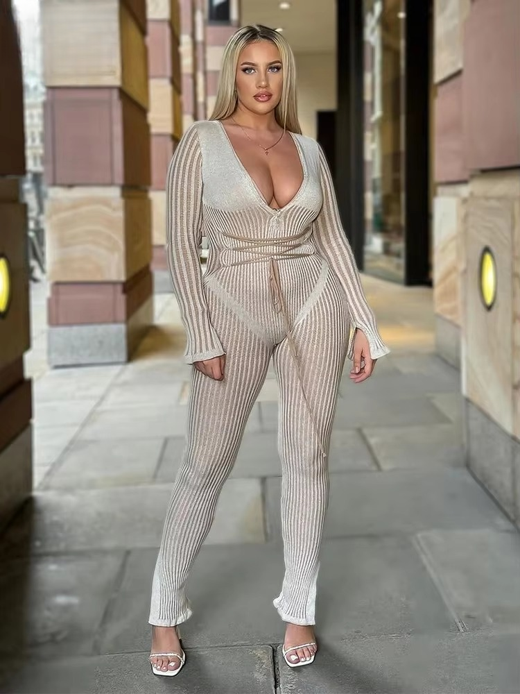 Casual Knit Stripe V-Neck Slim Fit Ankle-Length High Street Sweater Jumpsuits Mssza