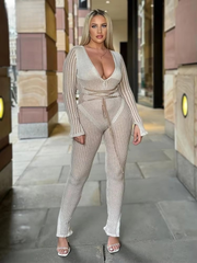 Casual Knit Stripe V-Neck Slim Fit Ankle-Length High Street Sweater Jumpsuits Mssza