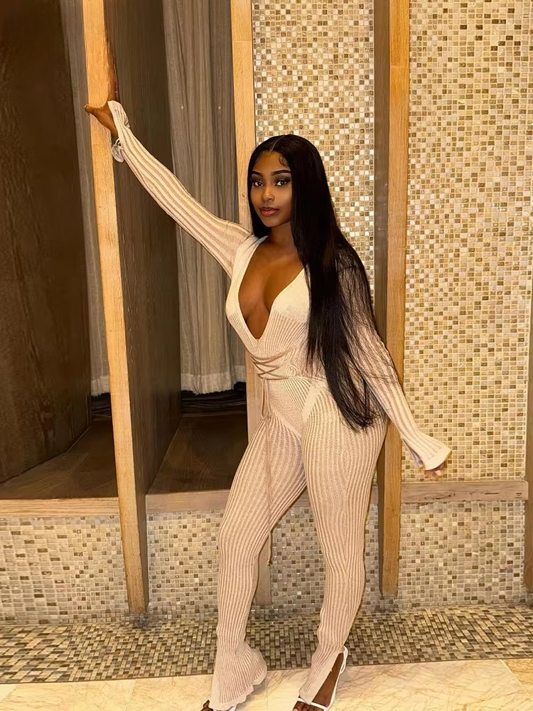 Casual Knit Stripe V-Neck Slim Fit Ankle-Length High Street Sweater Jumpsuits Mssza