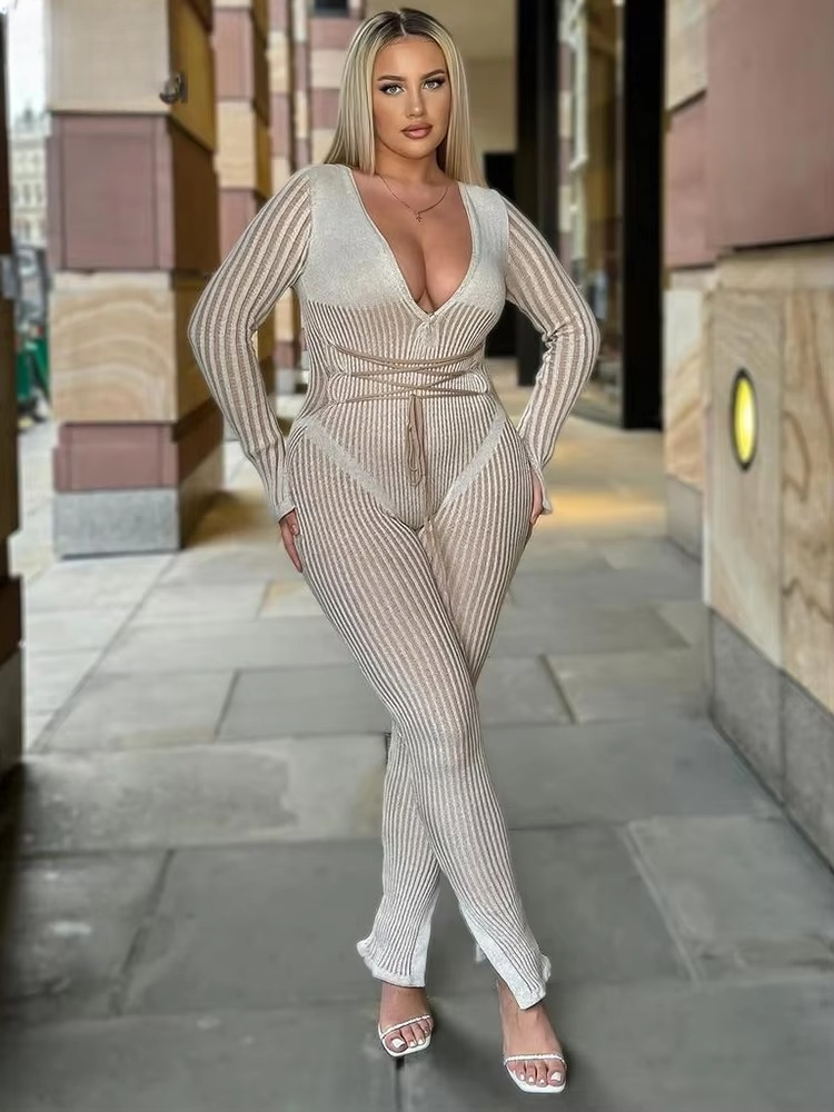 Casual Knit Stripe V-Neck Slim Fit Ankle-Length High Street Sweater Jumpsuits Mssza