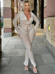 Casual Knit Stripe V-Neck Slim Fit Ankle-Length High Street Sweater Jumpsuits Mssza