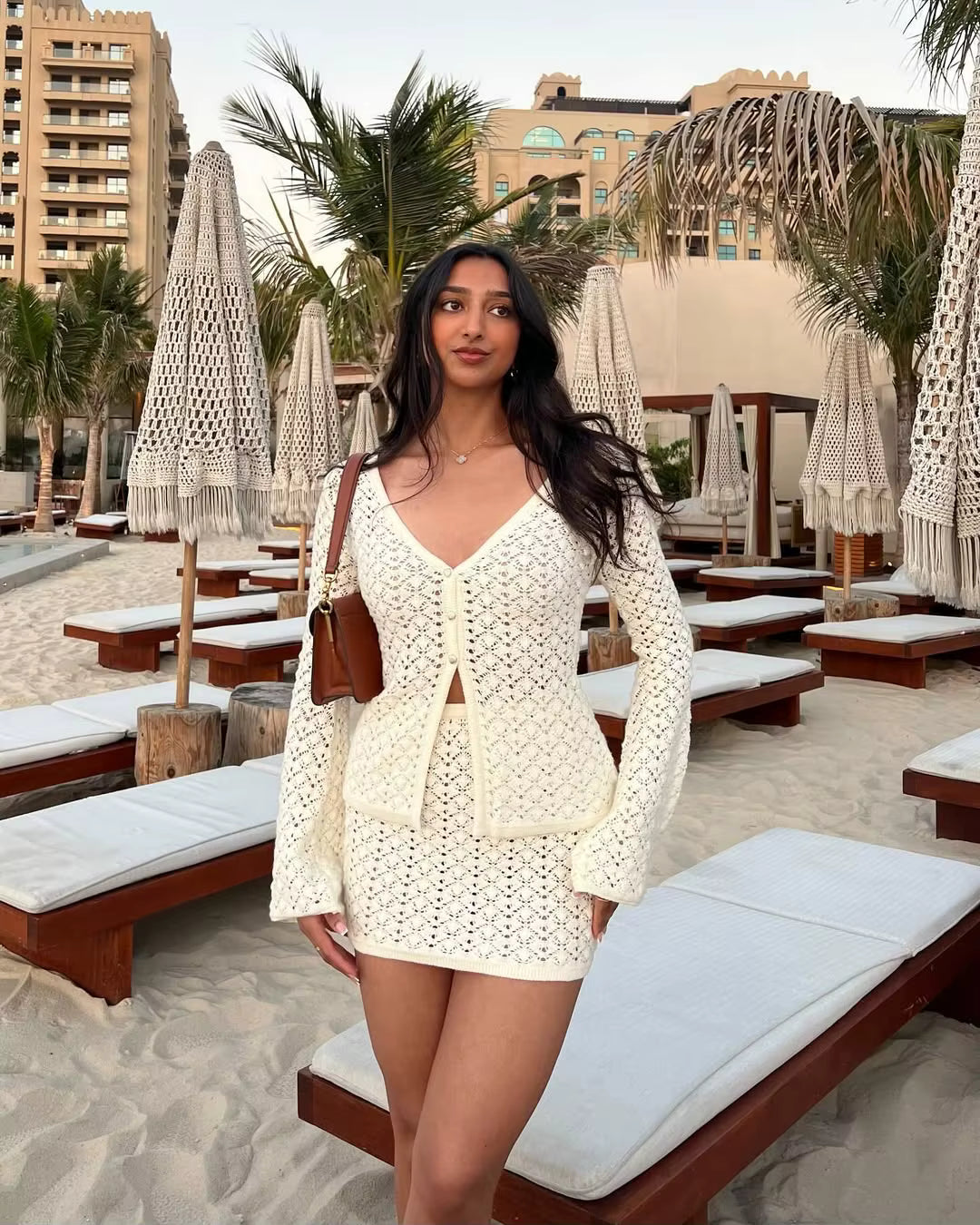 Casual Knitted Blouse Cardigan Top Slim Short Skirt Bikini Suit Beach Vacation Dress Mssza