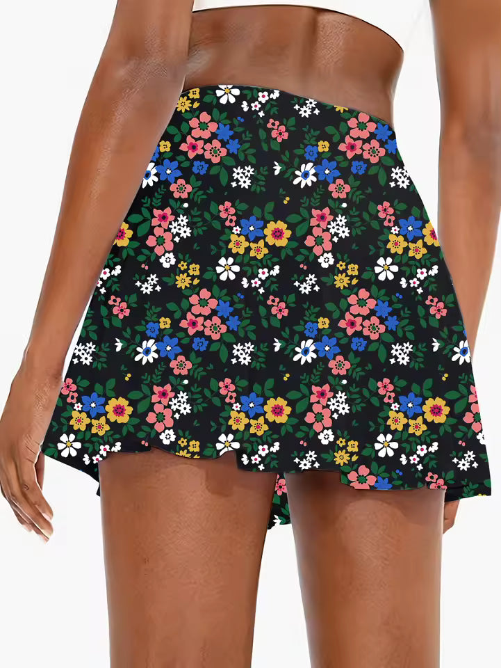 Casual Knitted Floral Print Elastic Waist Mini Skirt With Pocket Mssza