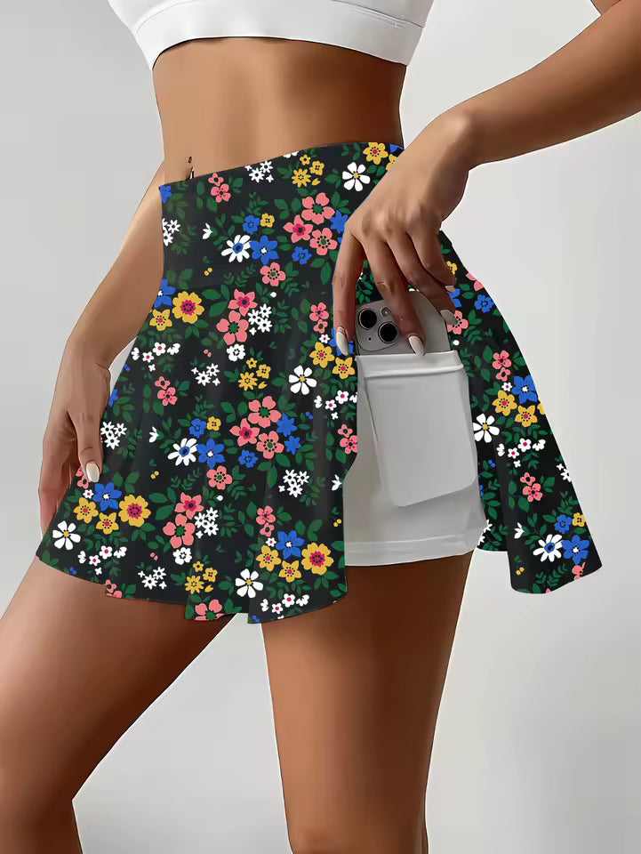 Casual Knitted Floral Print Elastic Waist Mini Skirt With Pocket Mssza