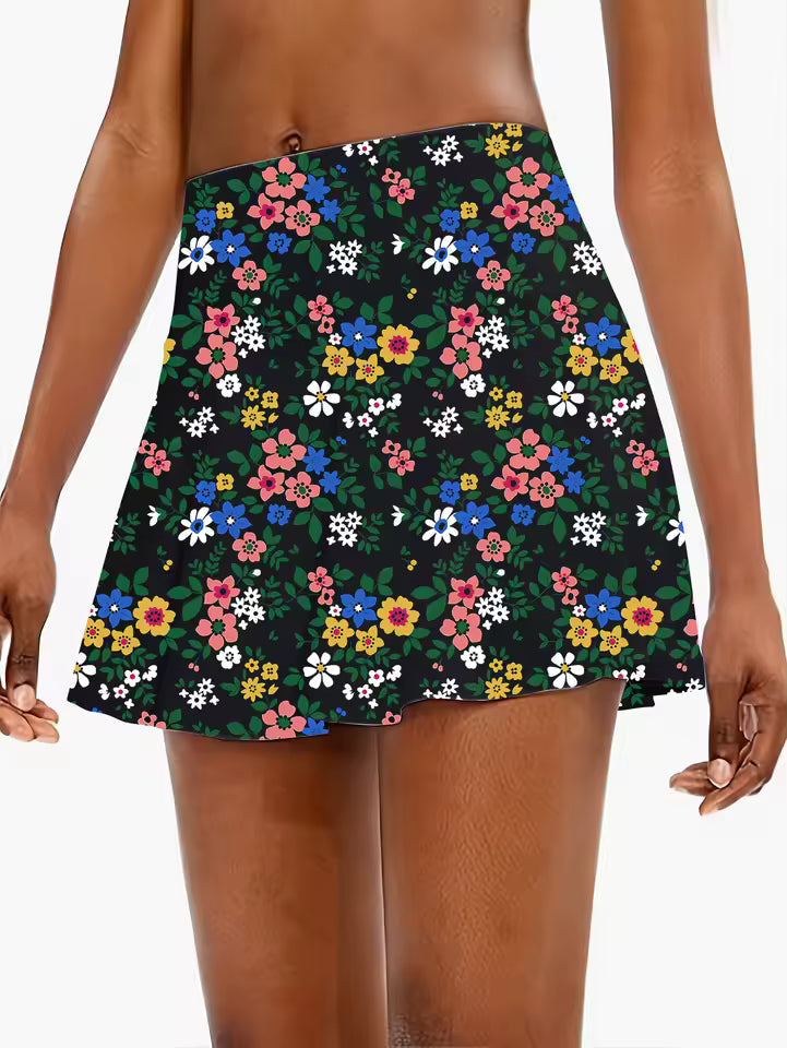 Casual Knitted Floral Print Elastic Waist Mini Skirt With Pocket Mssza