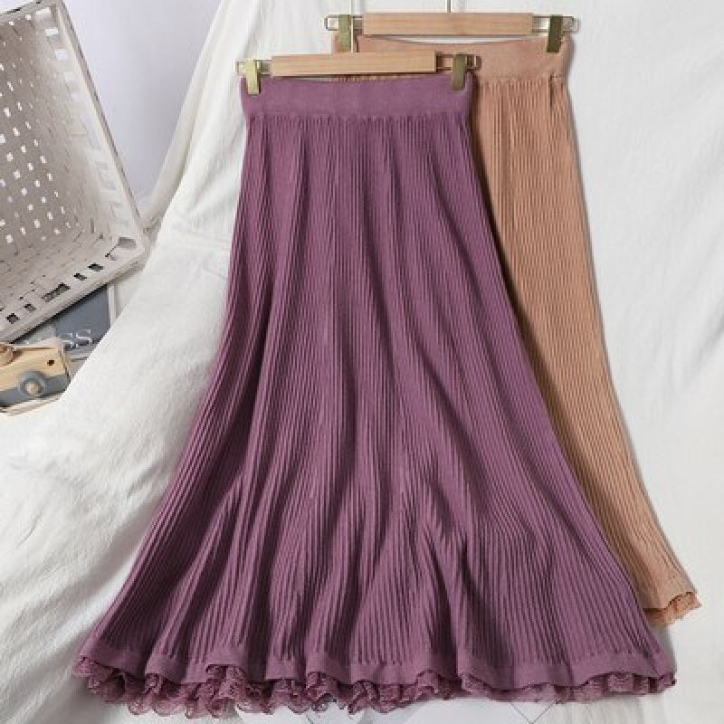 Casual Knitted Korean High Waist A-line Loose Street wear Pleated Skirts Mssza