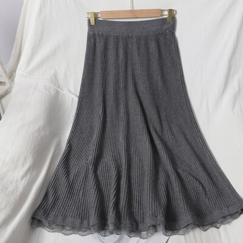 Casual Knitted Korean High Waist A-line Loose Street wear Pleated Skirts Mssza