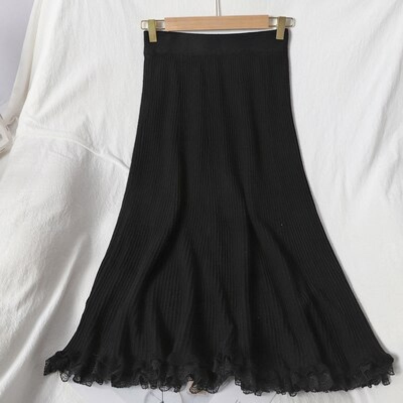 Casual Knitted Korean High Waist A-line Loose Street wear Pleated Skirts Mssza