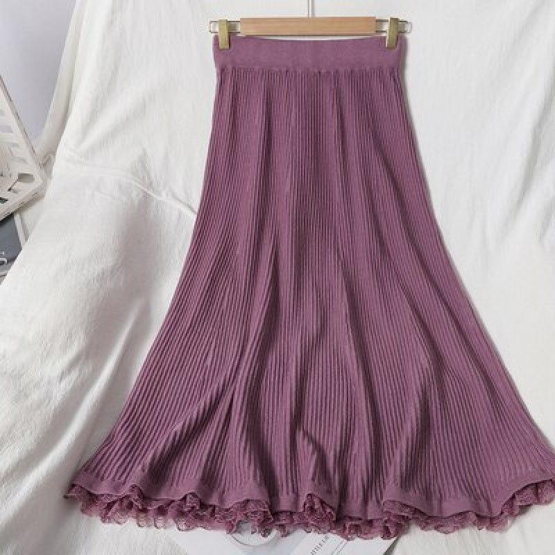 Casual Knitted Korean High Waist A-line Loose Street wear Pleated Skirts Mssza