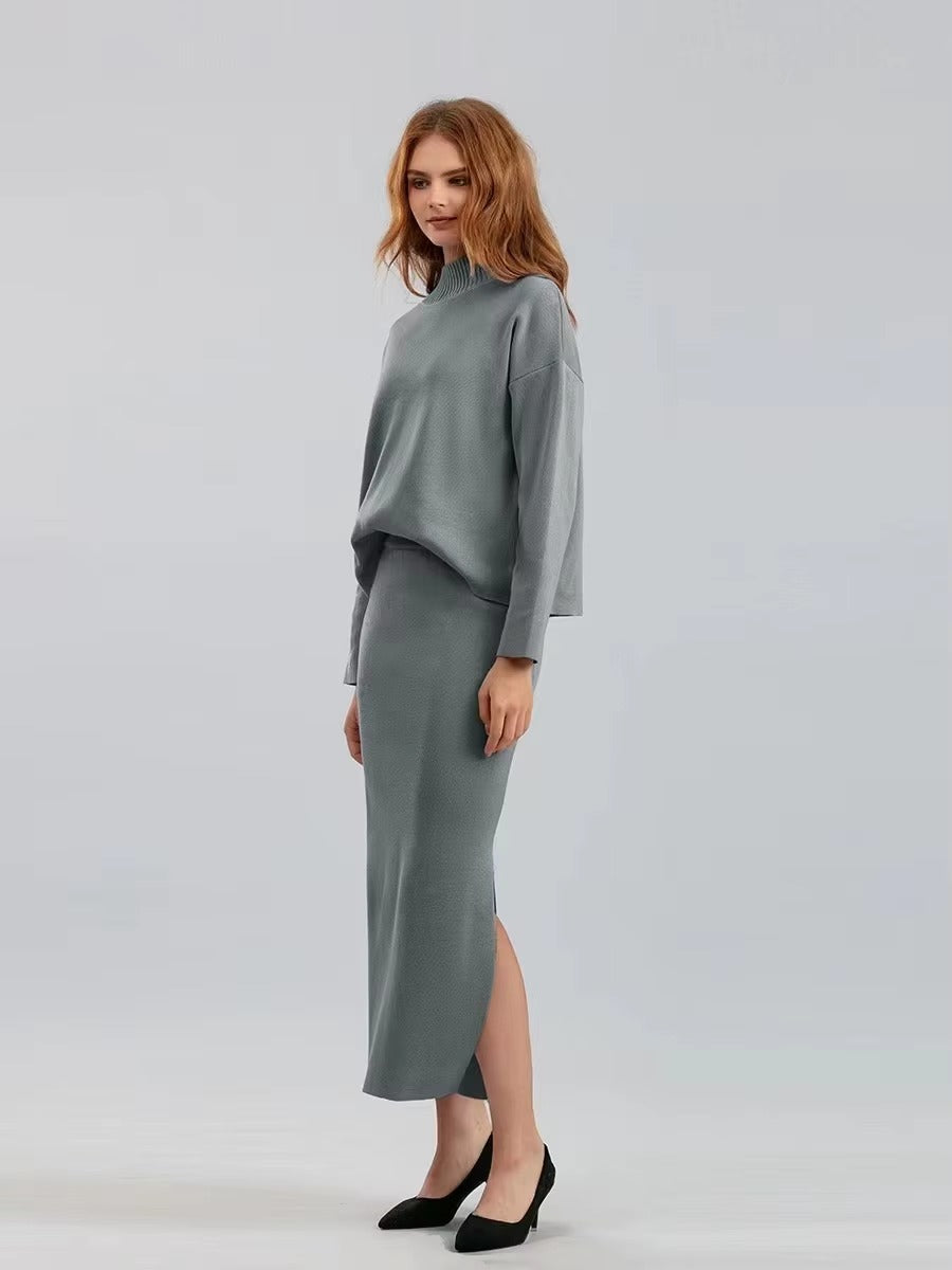 Casual Knitted Loose Warm Pullovers Sweater Two Pieces Long Skirt Suits Mssza