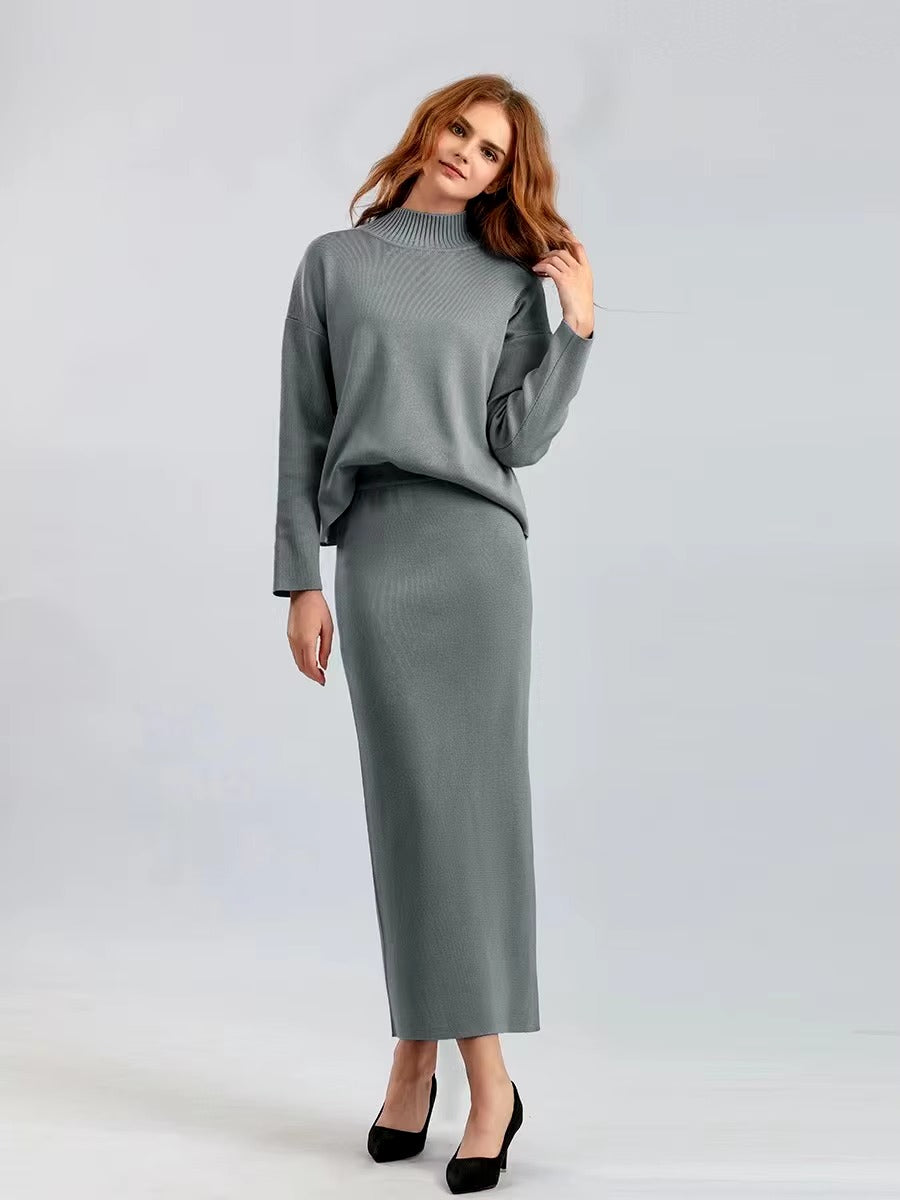 Casual Knitted Loose Warm Pullovers Sweater Two Pieces Long Skirt Suits Mssza