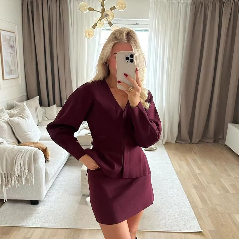 Casual Knitted Mini Skirt Long Sleeve Sweater 2 Pieces Suits Mssza