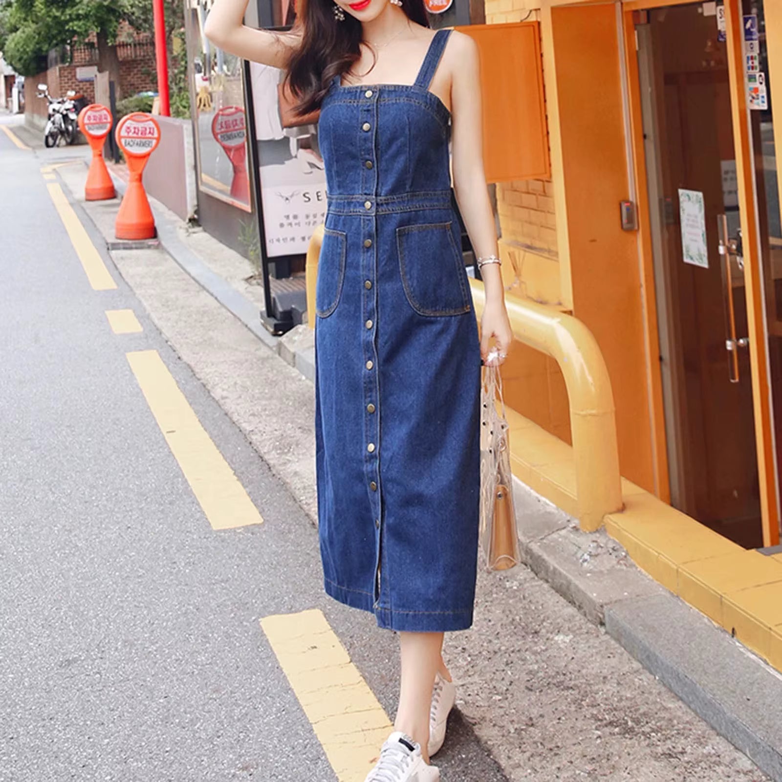 Casual Knitted Single Breasted Denim Regular Fit Midi Jumpsuit Mssza