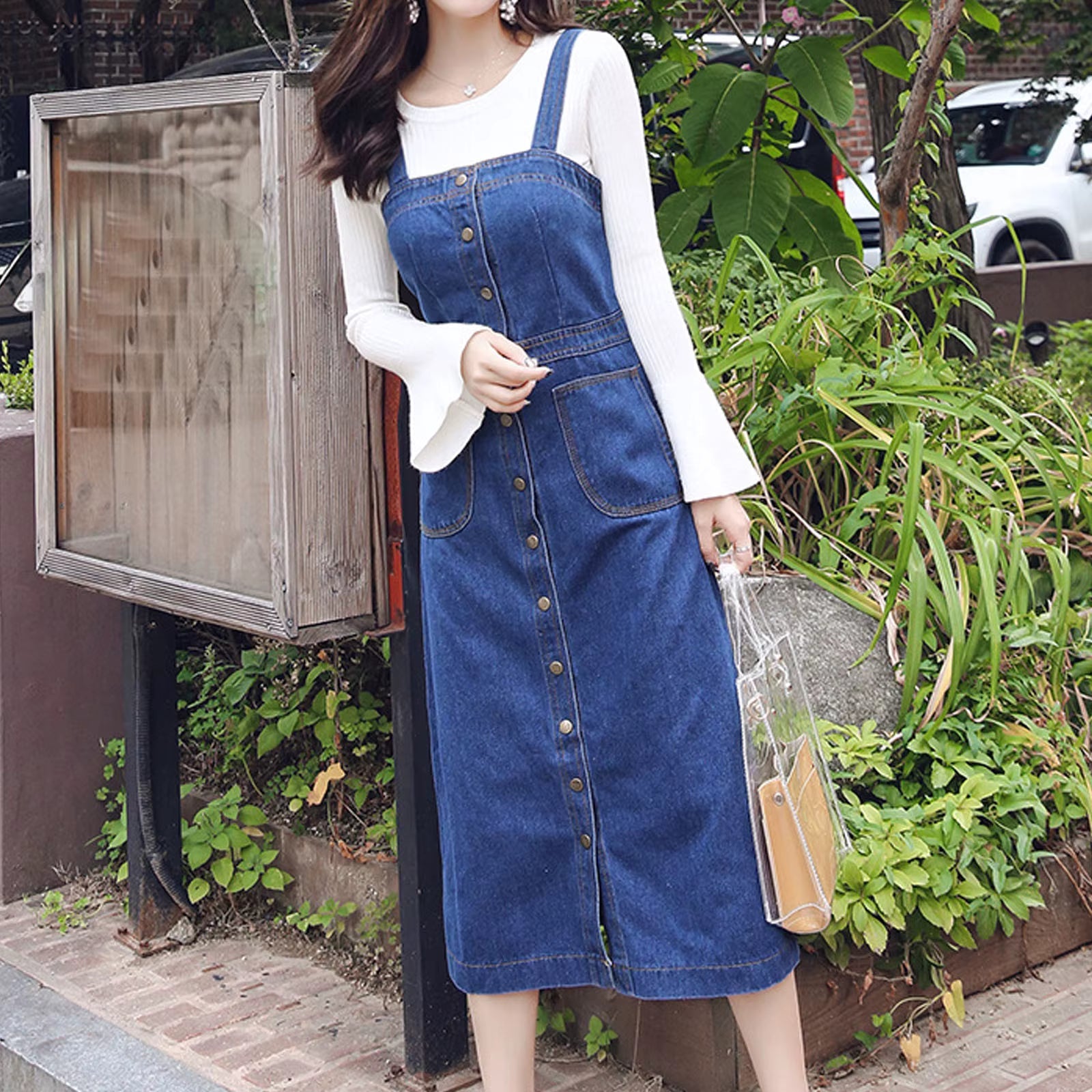 Casual Knitted Single Breasted Denim Regular Fit Midi Jumpsuit Mssza