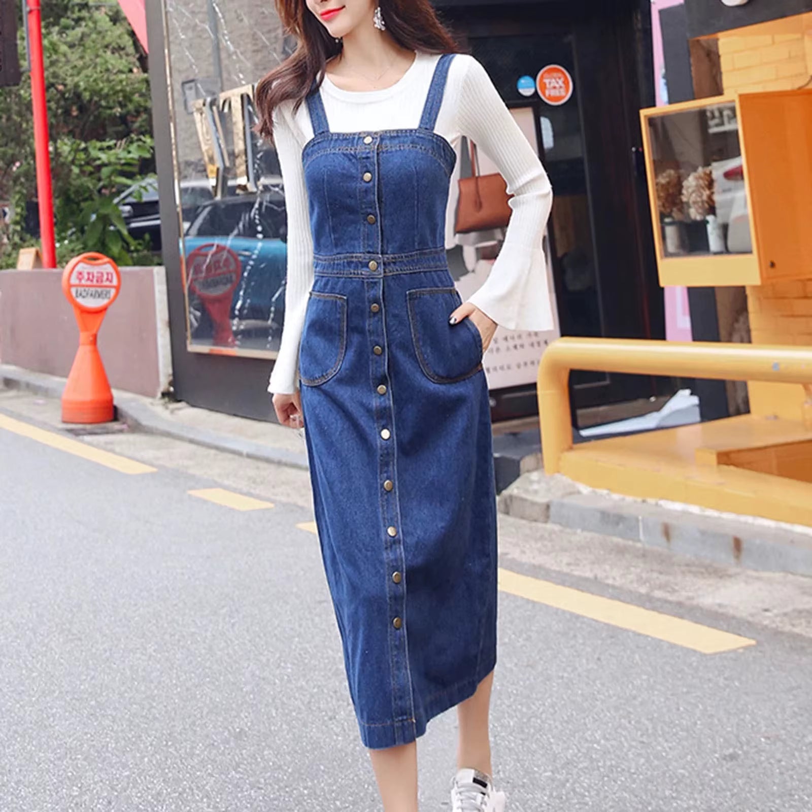 Casual Knitted Single Breasted Denim Regular Fit Midi Jumpsuit Mssza