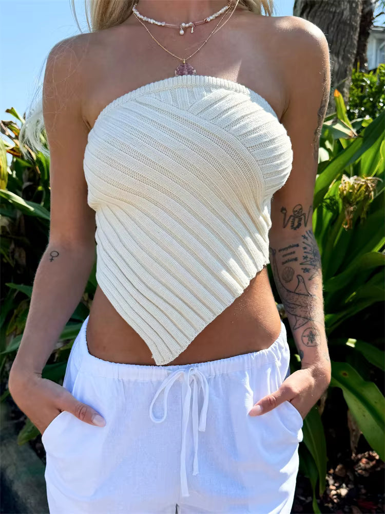 Casual Knitted Solid Color Ribbed Irregular Hem Strapless Off Shoulder Tank Tops Mssza
