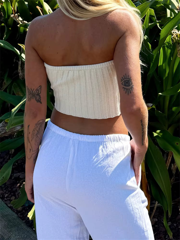 Casual Knitted Solid Color Ribbed Irregular Hem Strapless Off Shoulder Tank Tops Mssza