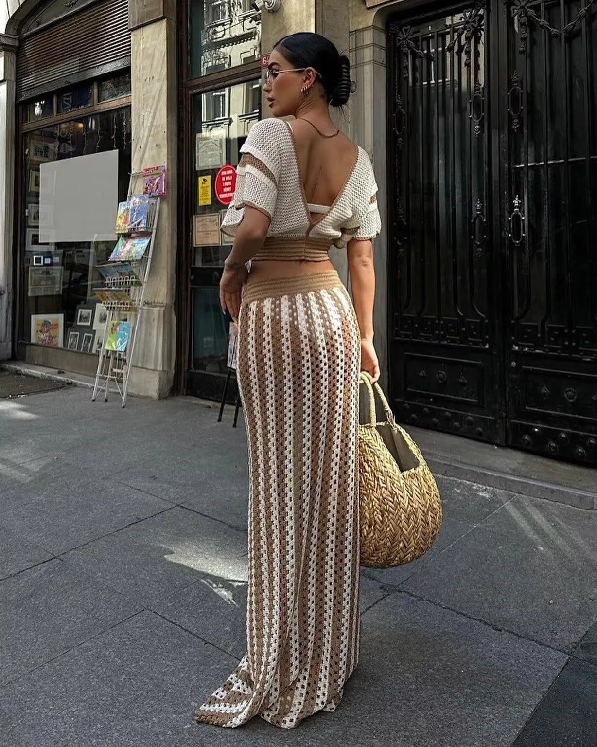 Casual Knitted Striped Hollow Out Slim Bohemian Beachwear Two Piece Set Mssza