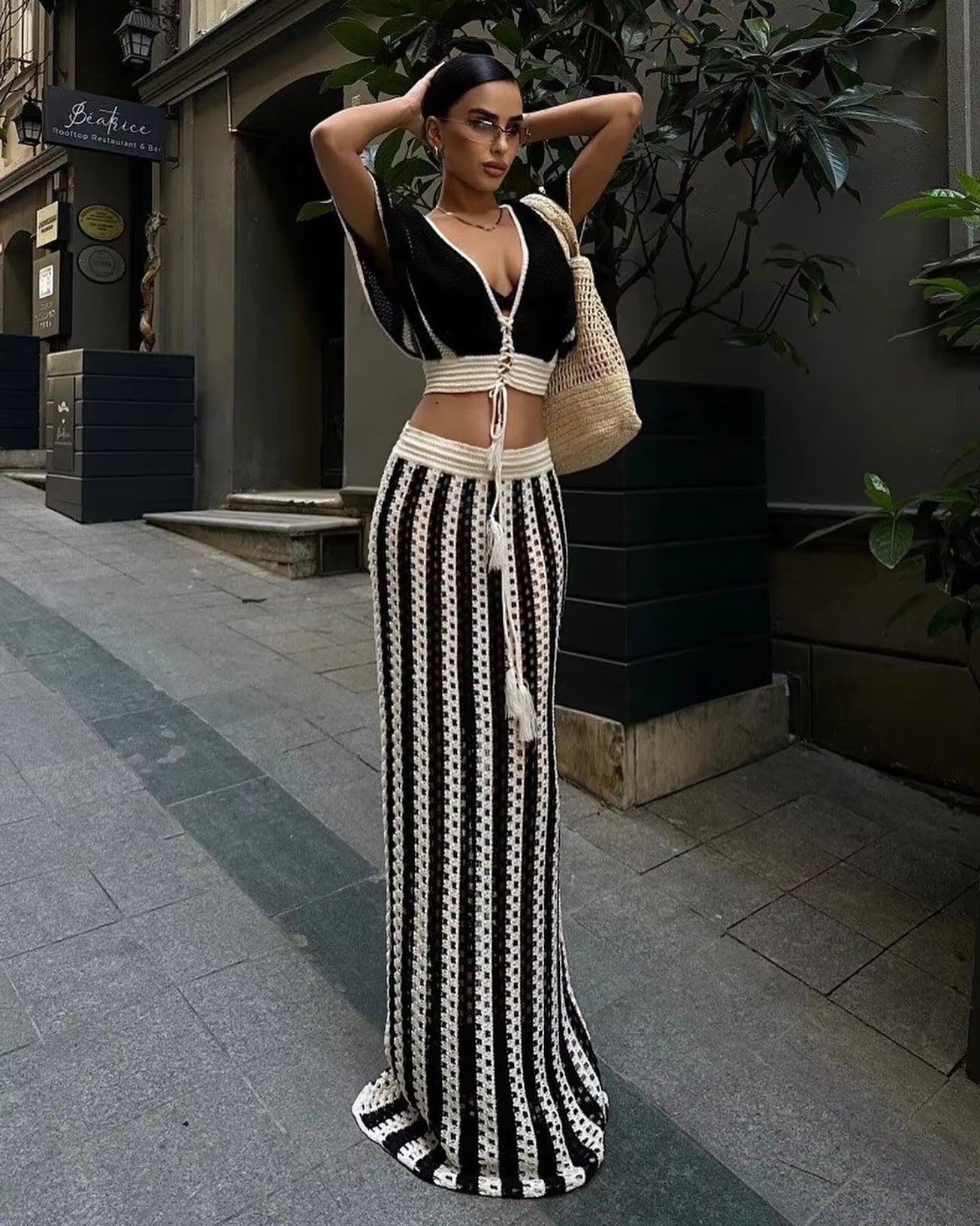 Casual Knitted Striped Hollow Out Slim Bohemian Beachwear Two Piece Set Mssza