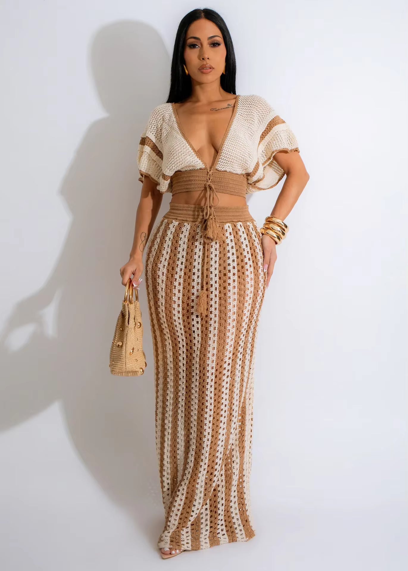 Casual Knitted Striped Hollow Out Slim Bohemian Beachwear Two Piece Set Mssza