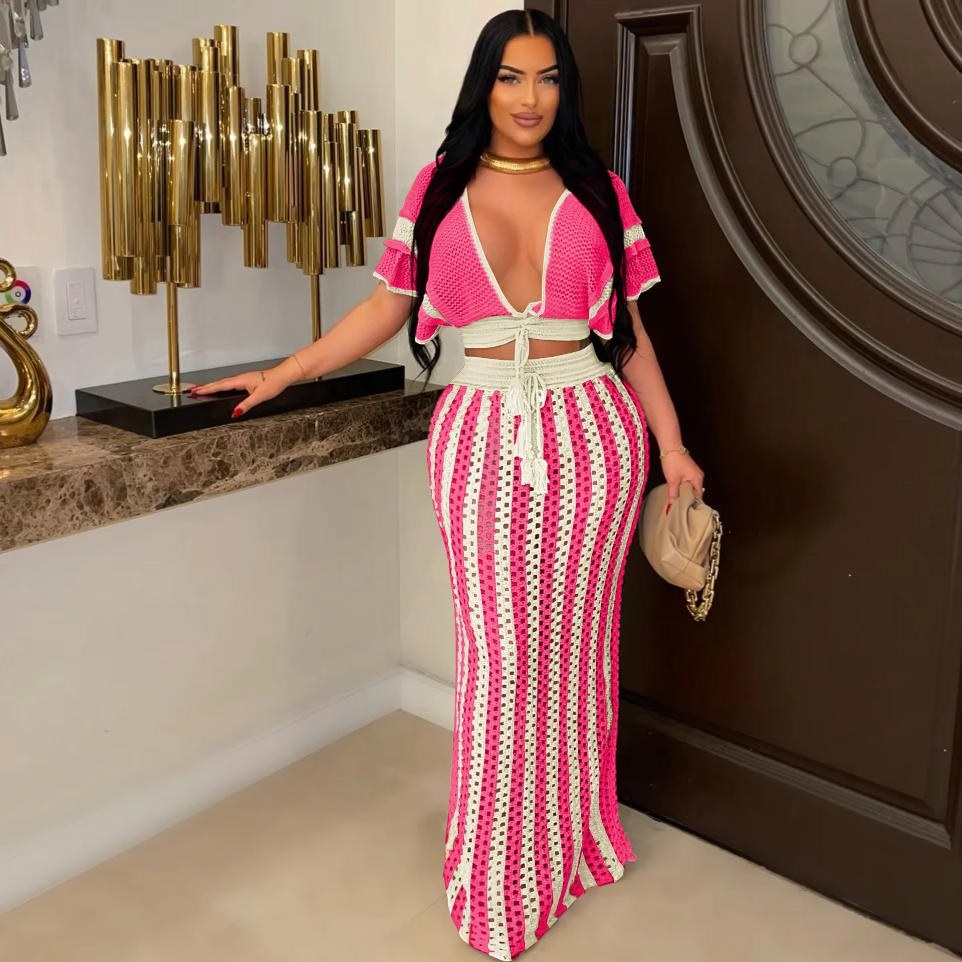 Casual Knitted Striped Hollow Out Slim Bohemian Beachwear Two Piece Set Mssza