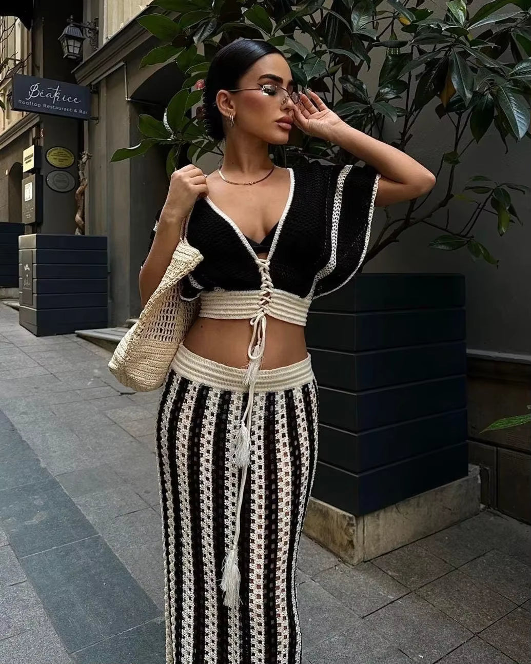 Casual Knitted Striped Hollow Out Slim Bohemian Beachwear Two Piece Set Mssza