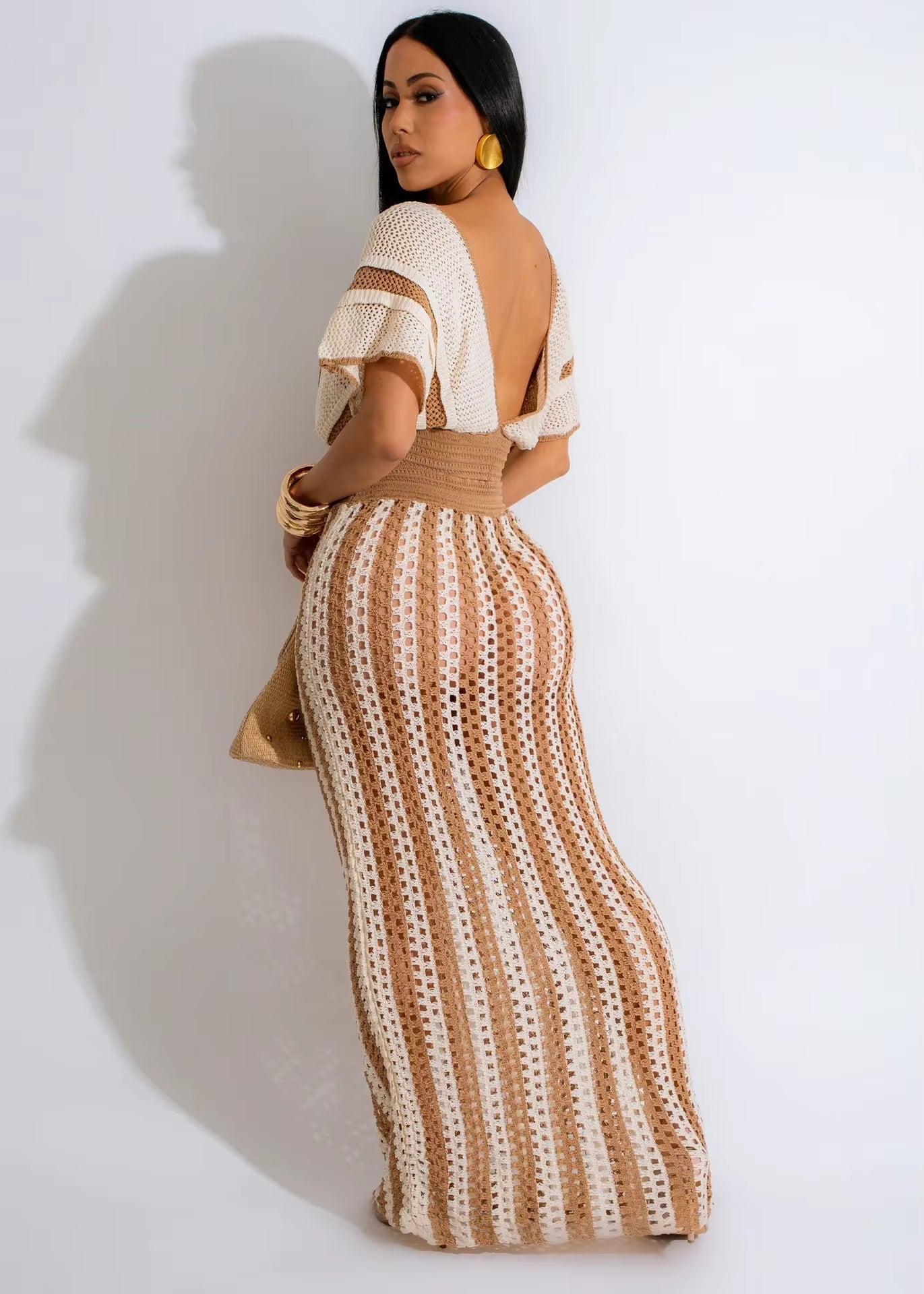 Casual Knitted Striped Hollow Out Slim Bohemian Beachwear Two Piece Set Mssza
