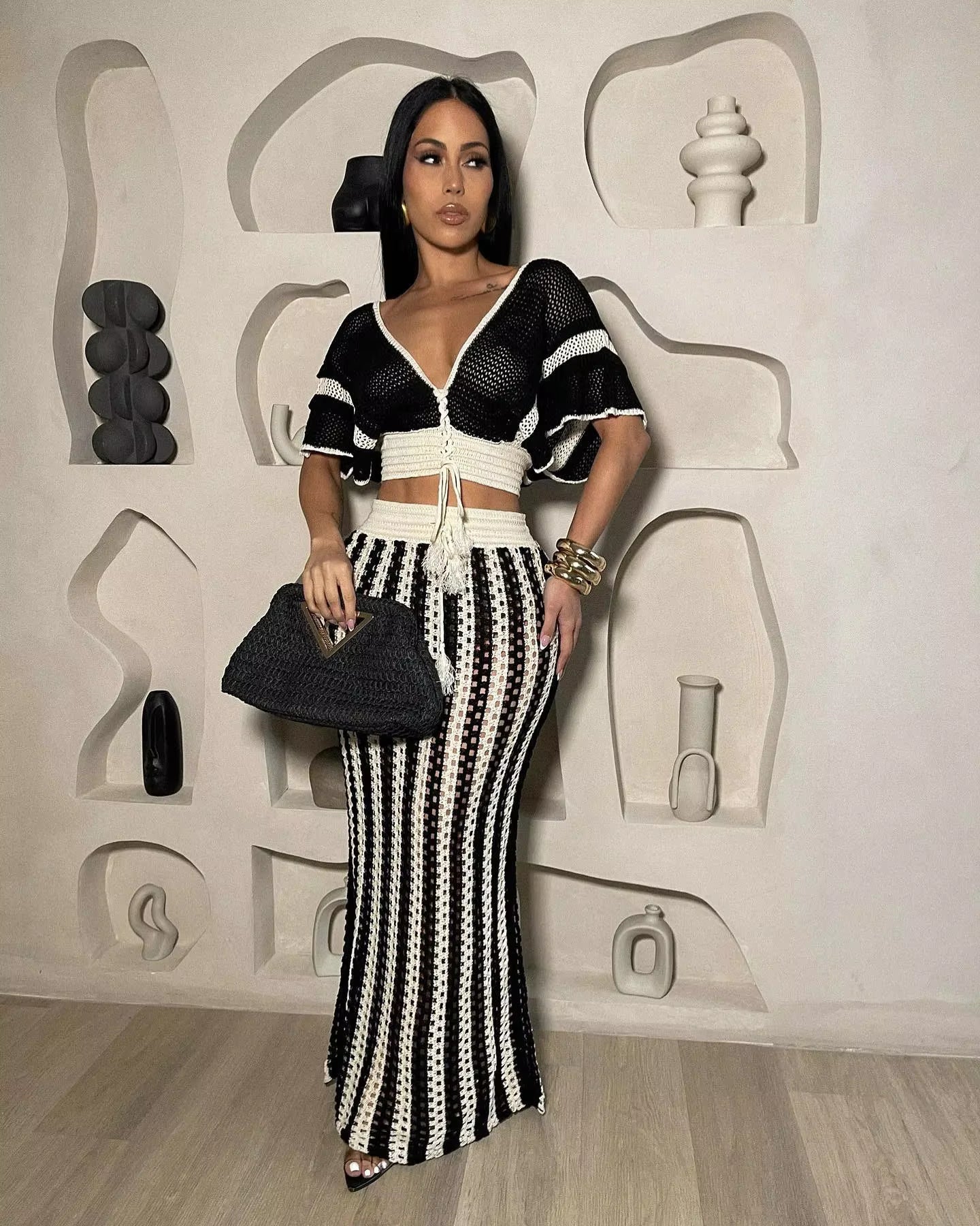 Casual Knitted Striped Hollow Out Slim Bohemian Beachwear Two Piece Set Mssza