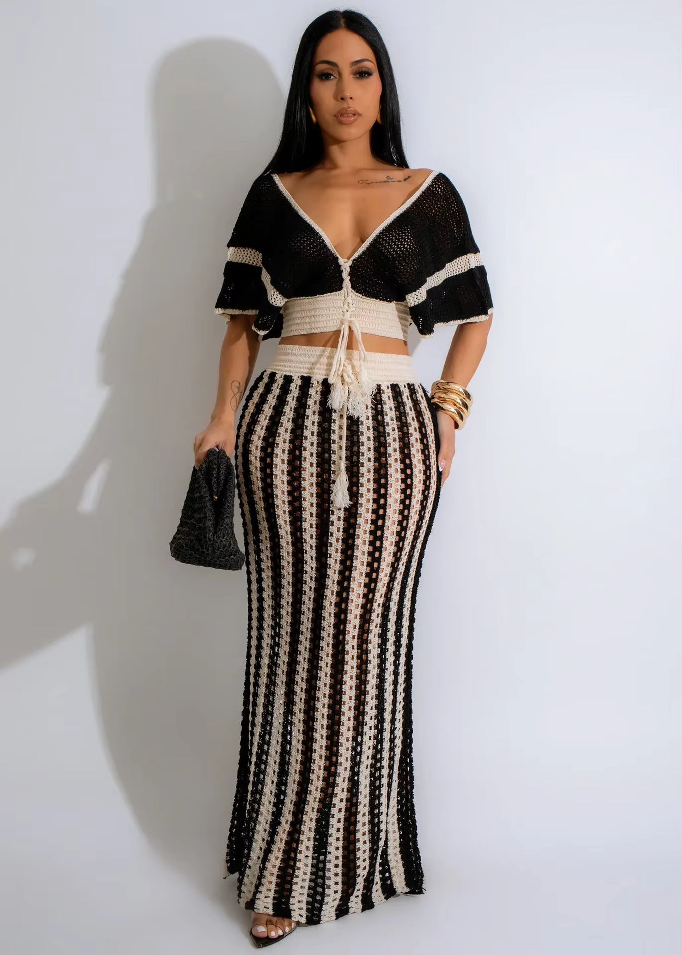 Casual Knitted Striped Hollow Out Slim Bohemian Beachwear Two Piece Set Mssza