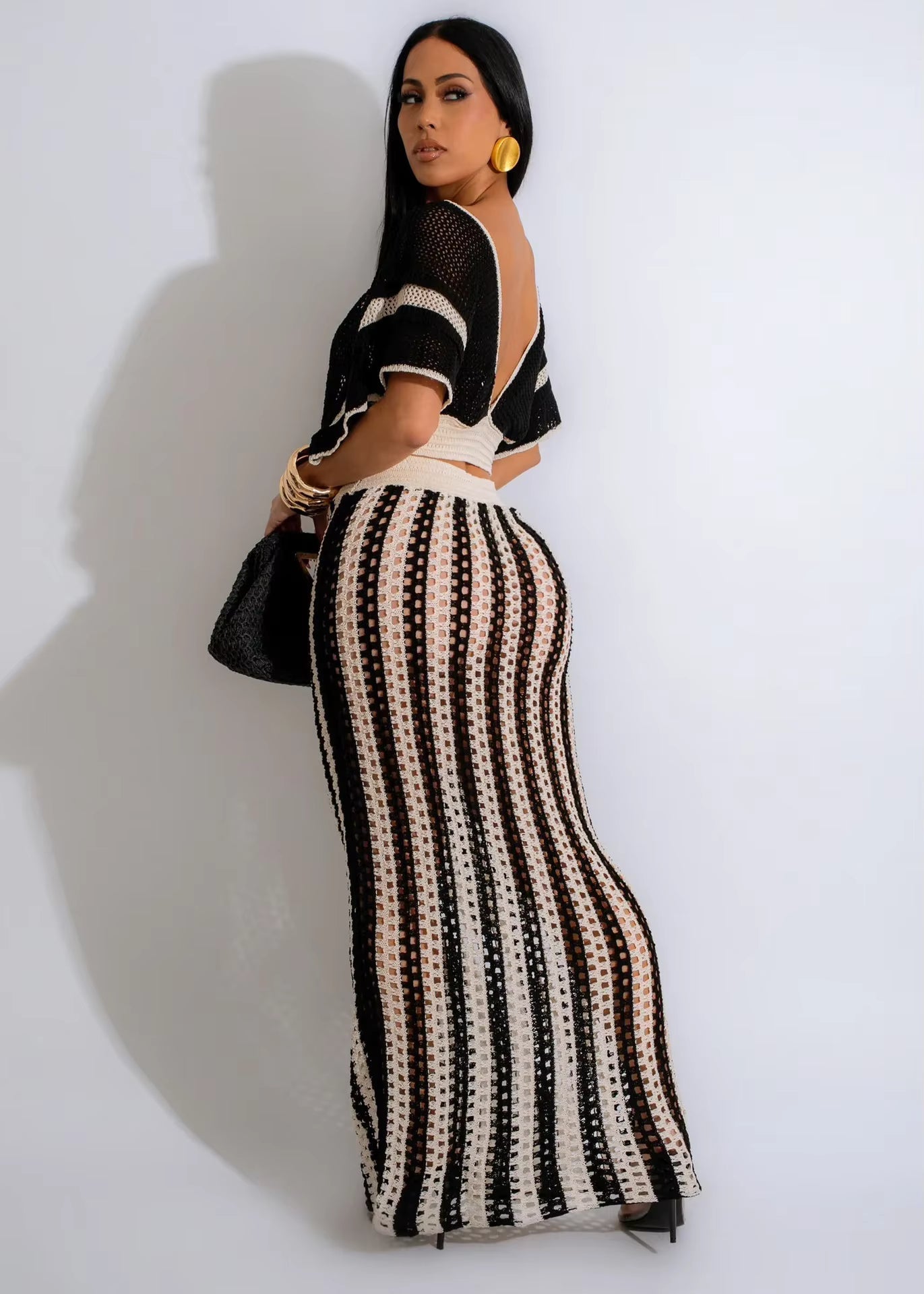 Casual Knitted Striped Hollow Out Slim Bohemian Beachwear Two Piece Set Mssza