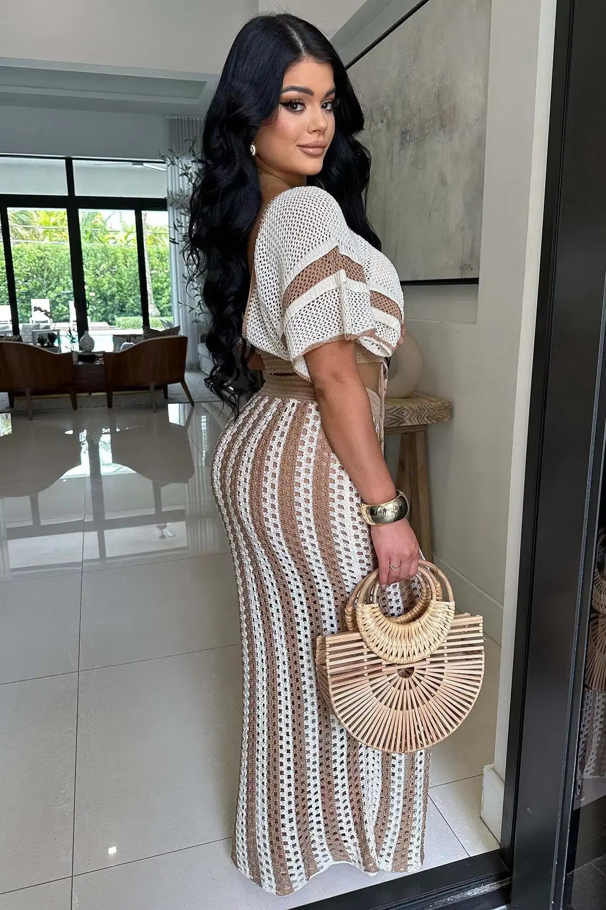 Casual Knitted Striped Hollow Out Slim Bohemian Beachwear Two Piece Set Mssza