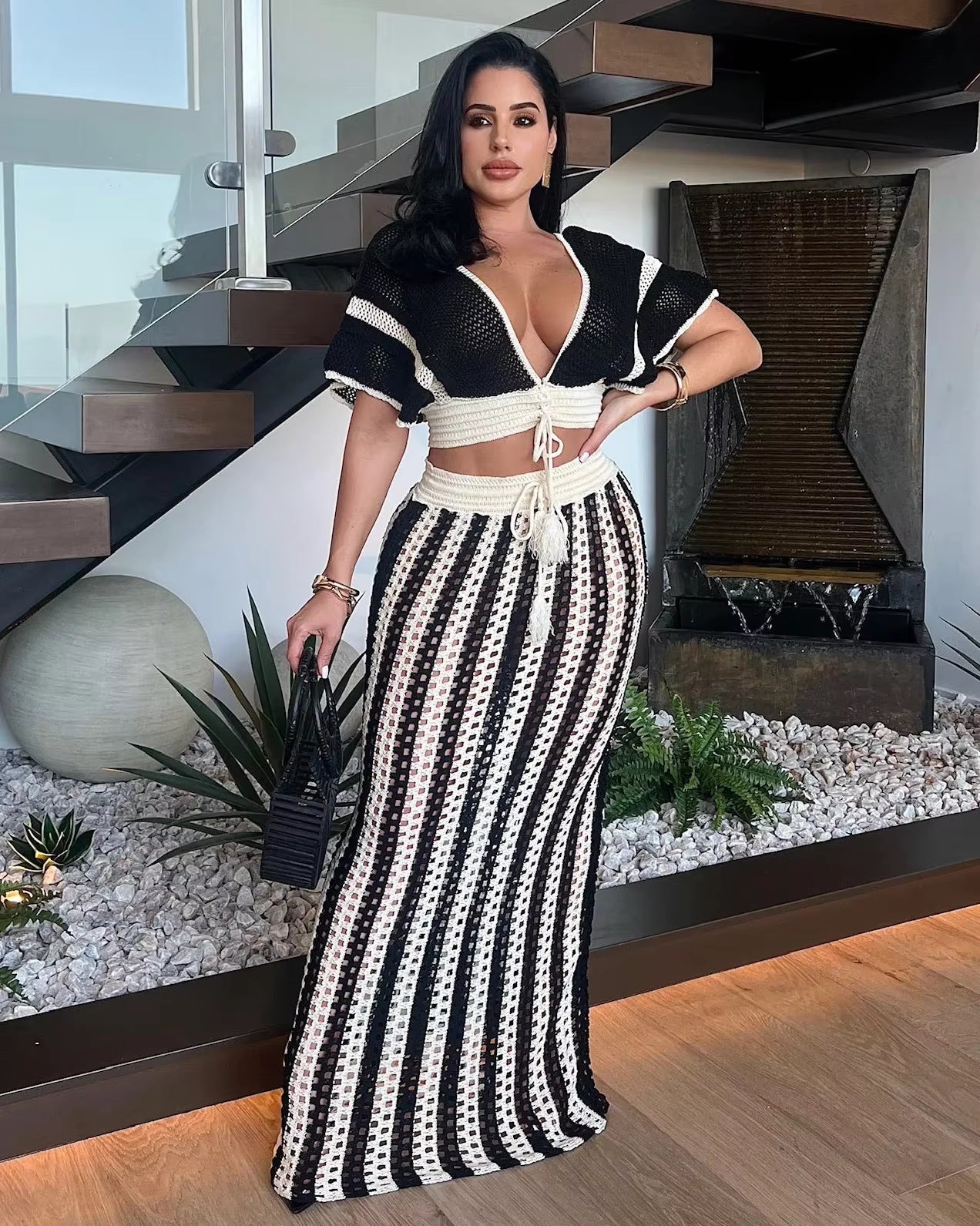 Casual Knitted Striped Hollow Out Slim Bohemian Beachwear Two Piece Set Mssza
