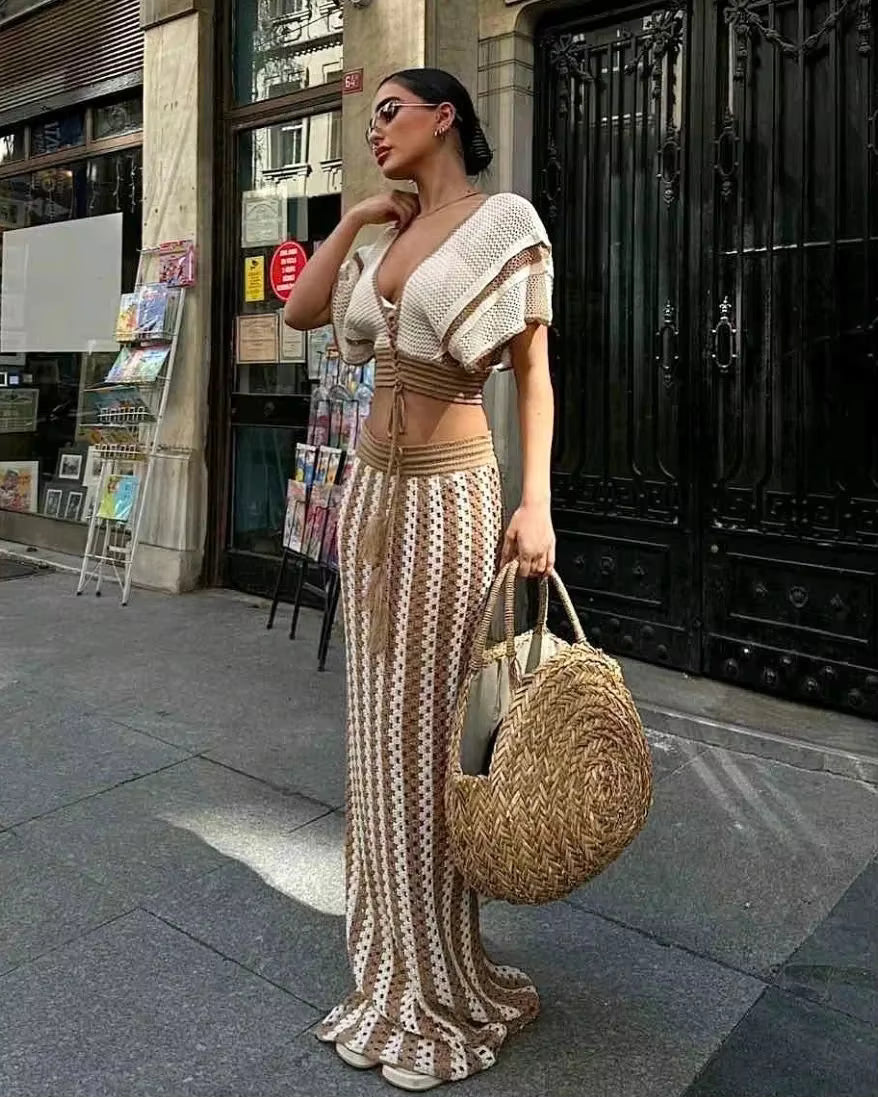 Casual Knitted Striped Hollow Out Slim Bohemian Beachwear Two Piece Set Mssza