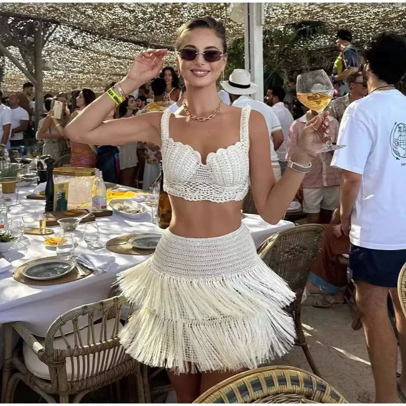 Casual Knitted Tassels Top Crop Bikini Vests Multi Layers Fringe Mini Skirt Mssza