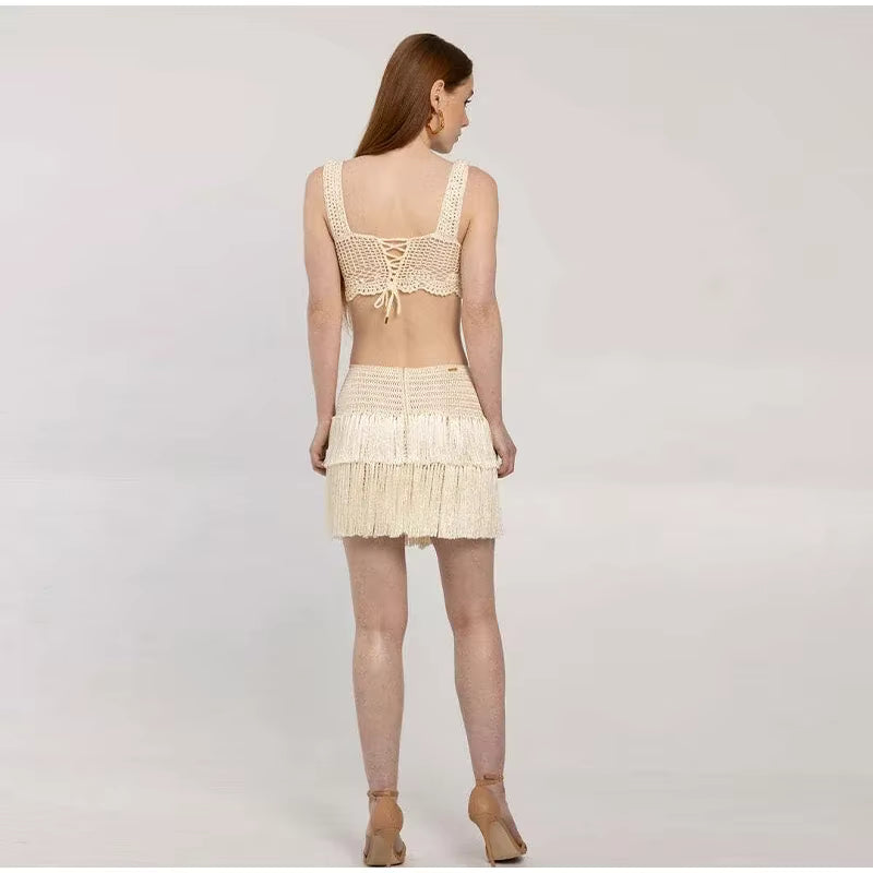 Casual Knitted Tassels Top Crop Bikini Vests Multi Layers Fringe Mini Skirt Mssza