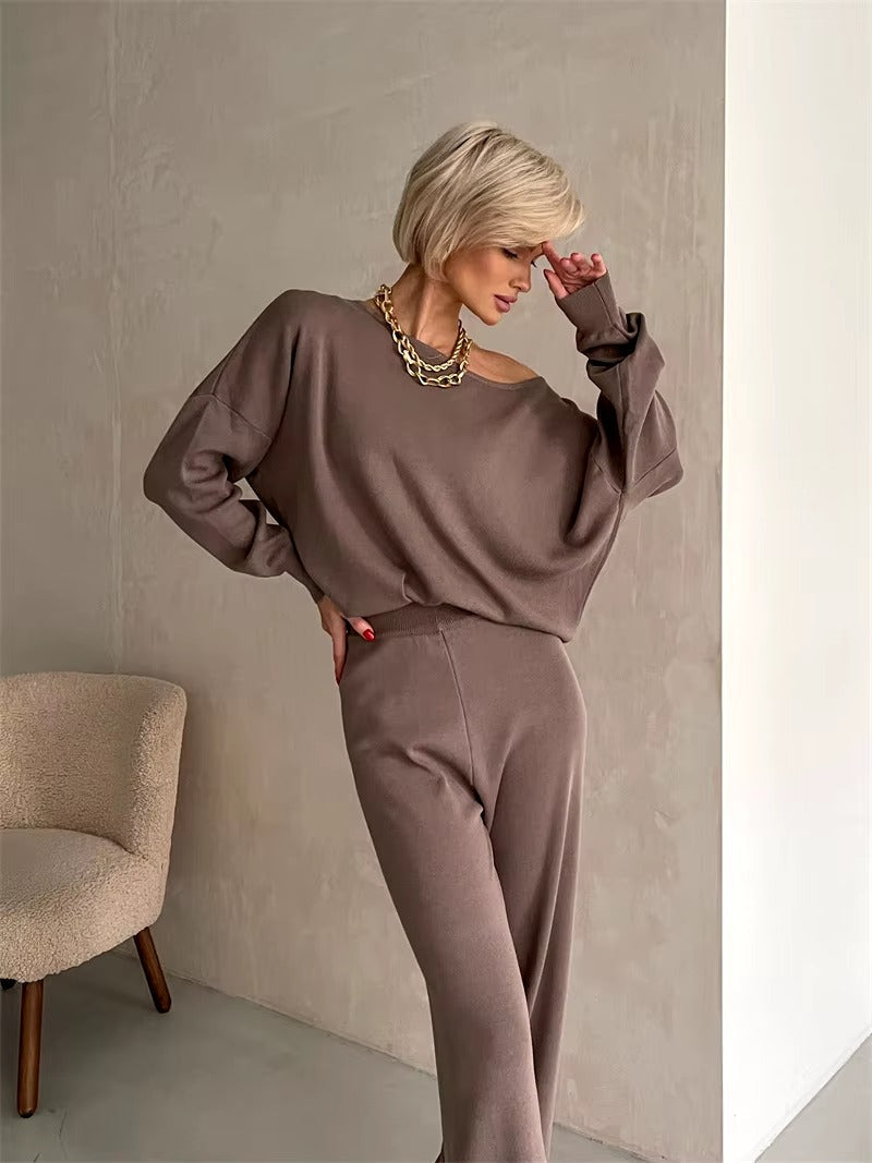 Casual Knitted Top And Elastic Waist Pants Two Piece Sets Mssza