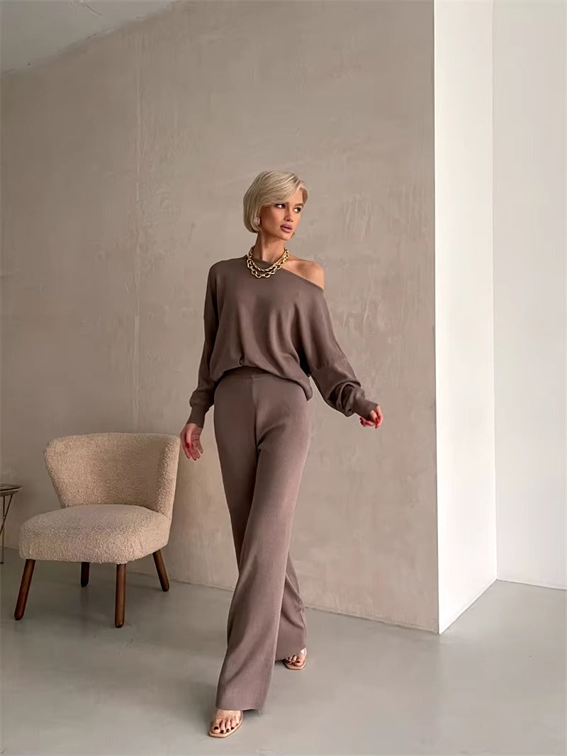Casual Knitted Top And Elastic Waist Pants Two Piece Sets Mssza