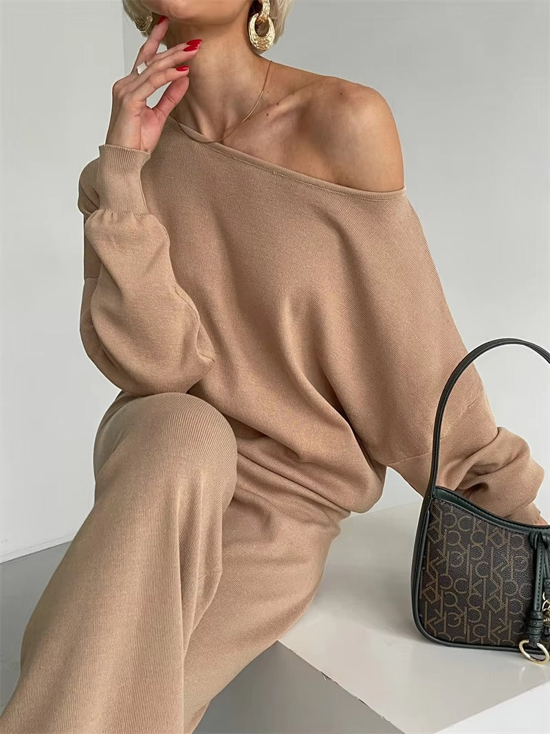 Casual Knitted Top And Elastic Waist Pants Two Piece Sets Mssza