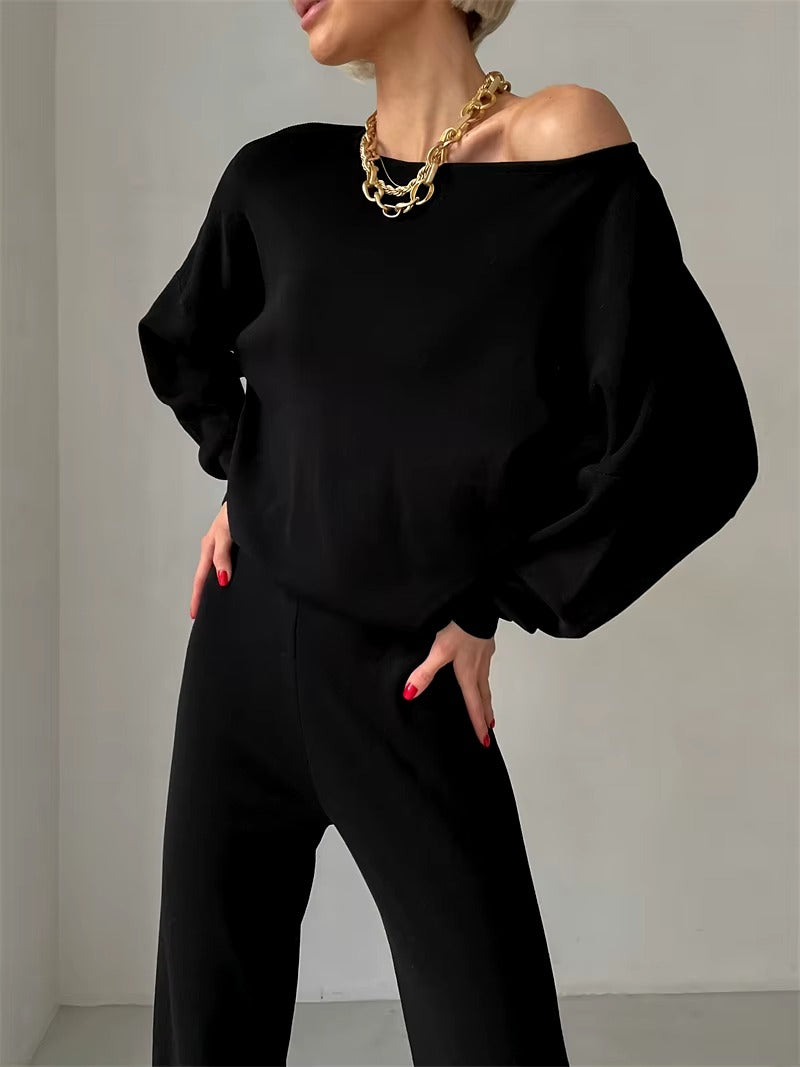 Casual Knitted Top And Elastic Waist Pants Two Piece Sets Mssza