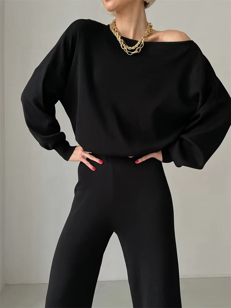 Casual Knitted Top And Elastic Waist Pants Two Piece Sets Mssza
